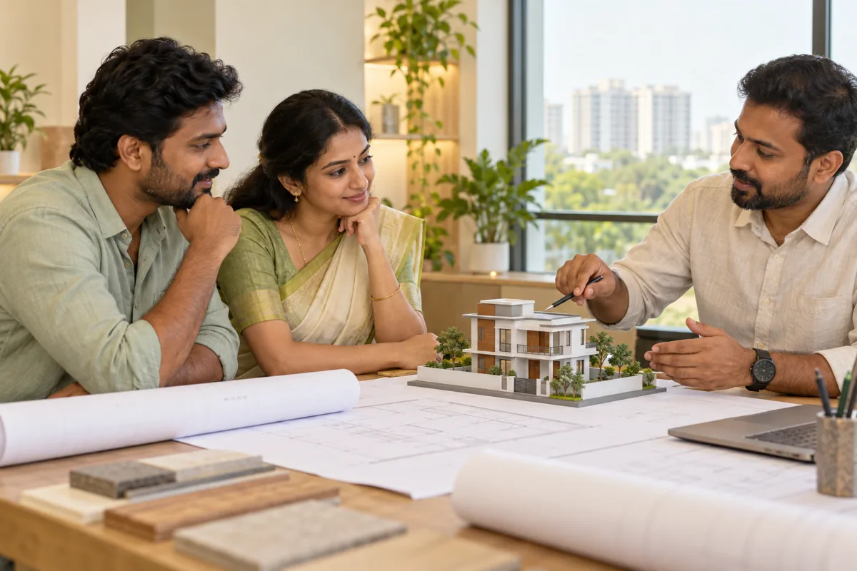 Illustrative scene of homeowners discussing a house model with a construction consultant