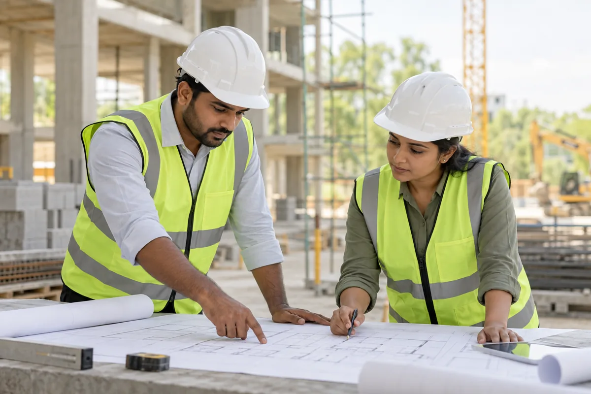 Illustrative scene of two helmeted construction professionals reviewing plans
