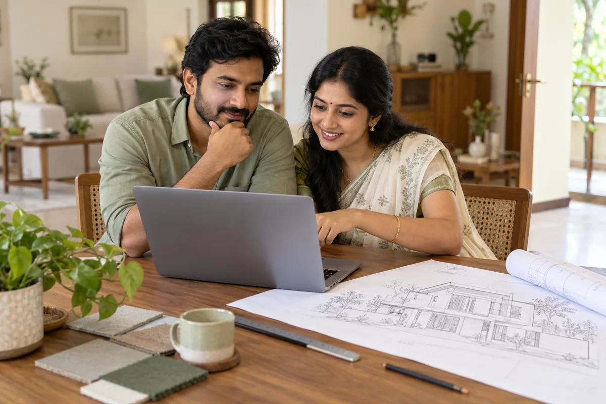 Illustrative scene of a couple researching building contractors on a laptop